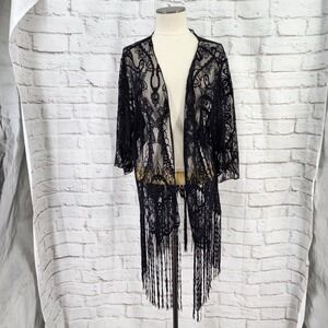 Romwe Whimsigoth Lace Cardigan Fairy Large Fringe Dark Romance Gothic Sheer Boho